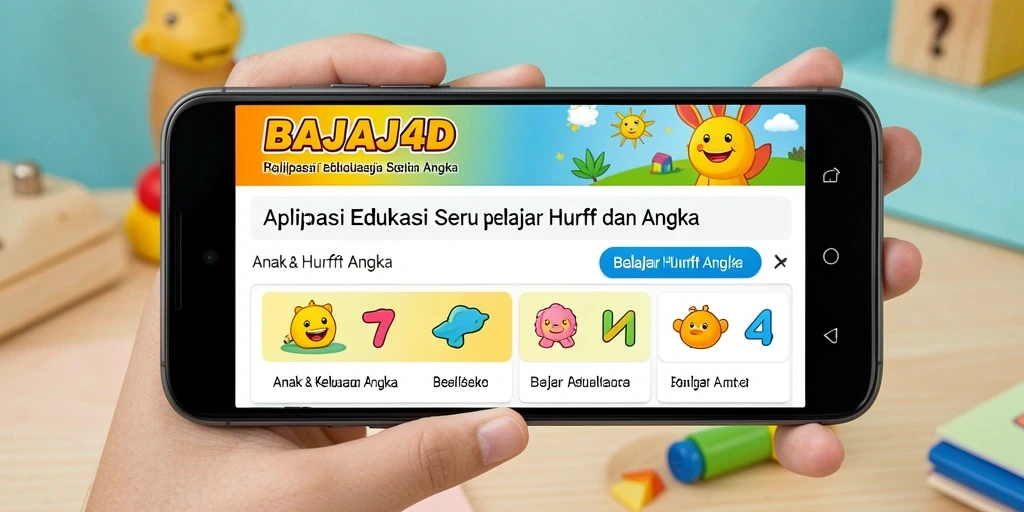 Antarmuka aplikasi BAJAJ4D dengan fitur belajar huruf dan angka yang interaktif.