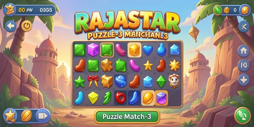 Tampilan antarmuka seru dalam RAJASTAR dengan elemen Puzzle Match-3.