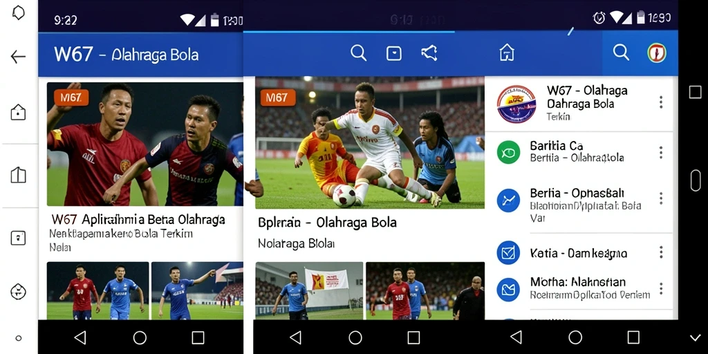 Antarmuka W67 menampilkan berita dan statistik olahraga bola yang informatif.